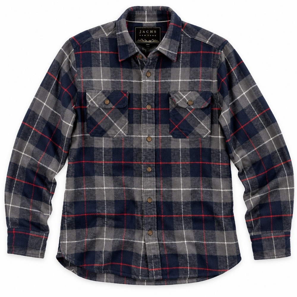 Jachs New York Plaid Flannel Button Down Shirt Mens Medium Blue Grey Red Pocket
